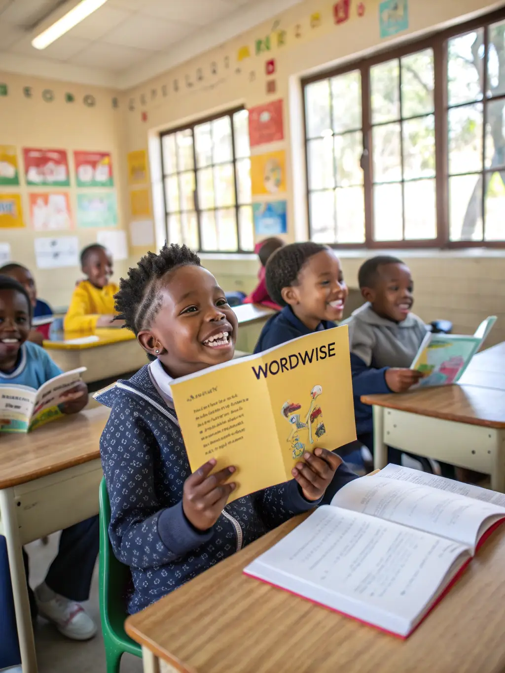 A brightly lit image of children participating in a reading session at the CDCC, surrounded by colorful books and educational materials, showcasing the literacy support program.