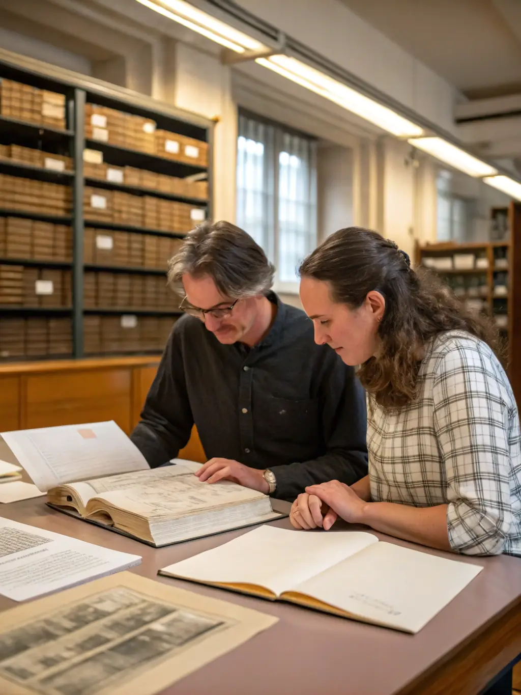 A focused image of researchers utilizing archival documents and digital resources at the CDCC, highlighting the research assistance services.