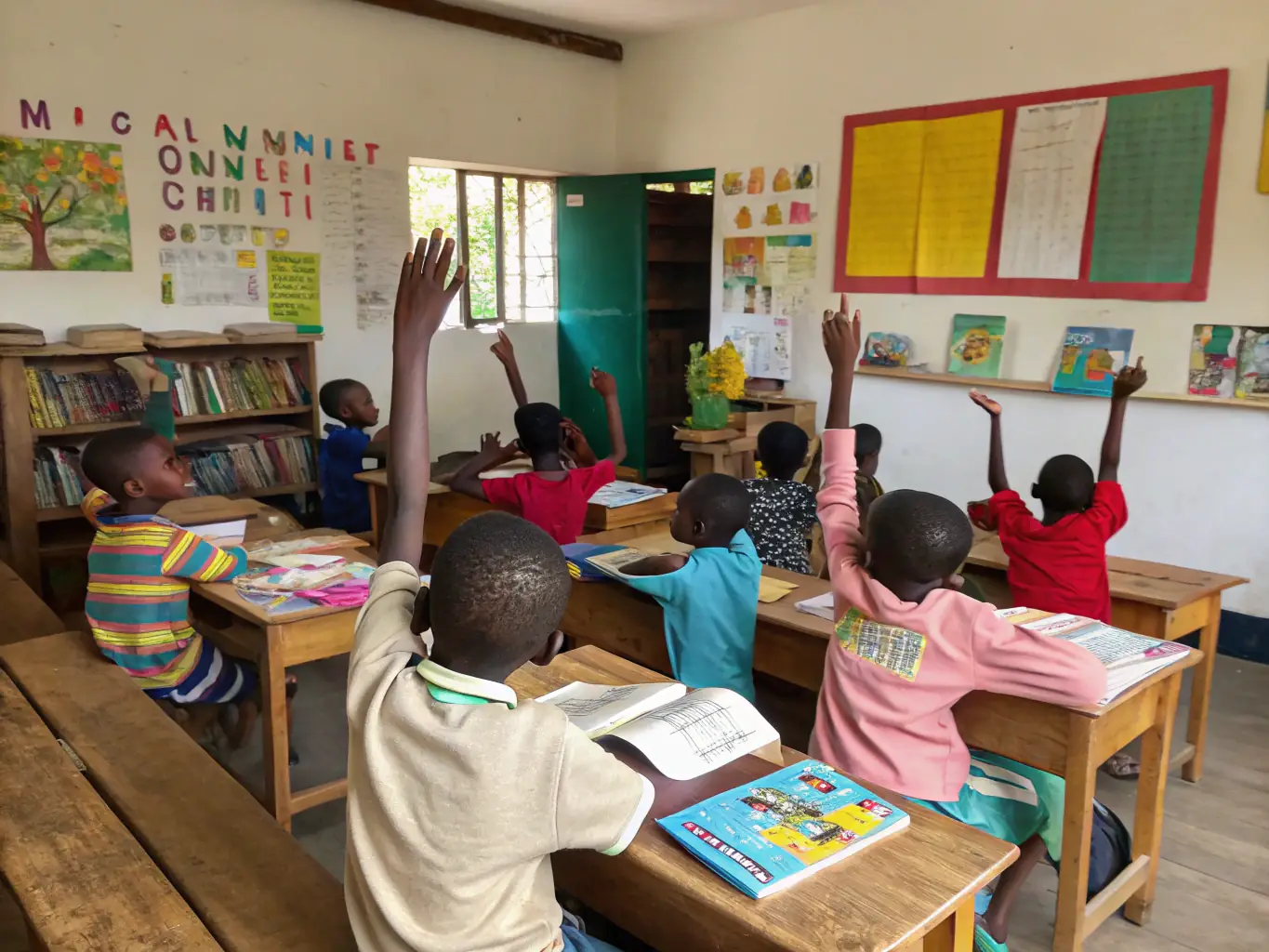 A group of students participating in a literacy workshop at the CDCC, surrounded by books and learning materials, showcasing the center's commitment to promoting reading and writing skills.
