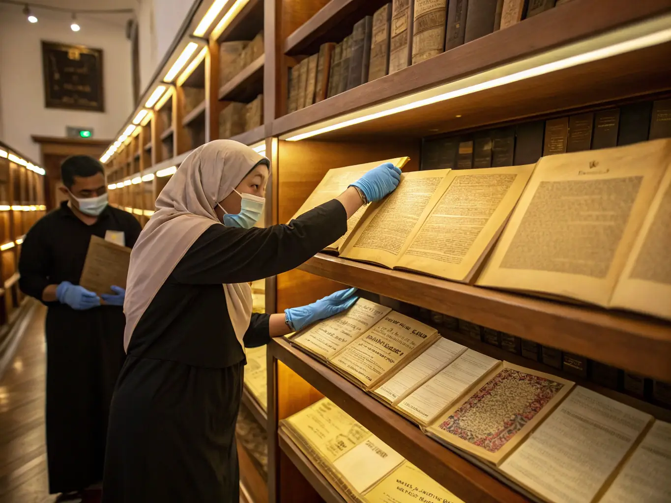 Researchers collaborating in the CDCC's archive, examining historical documents and sharing insights, highlighting the center's role in supporting academic research.